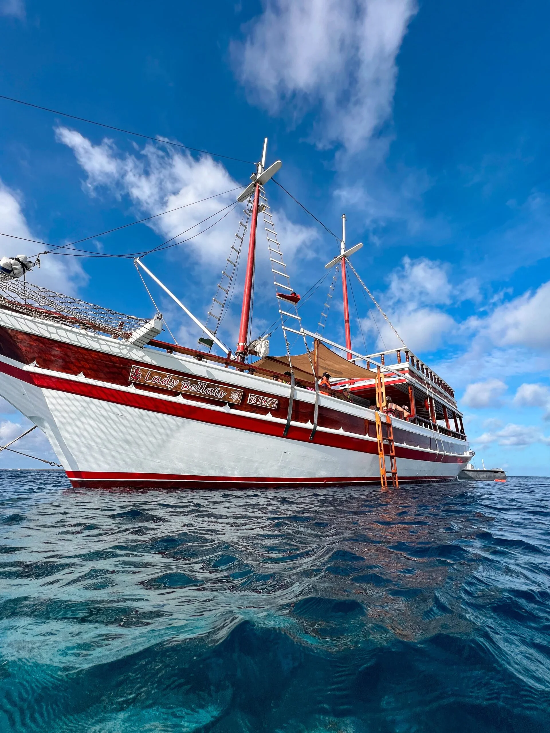 Lady Bellaïs seen from water level — traditional wooden Brazilian schooner